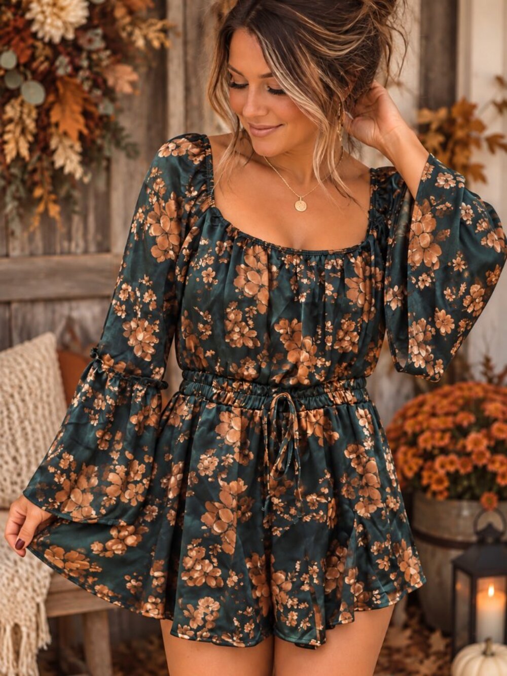Yu Kissu ( Francesca's ) Floral Bell Sleeve Romper Medium Teal Brown Boho